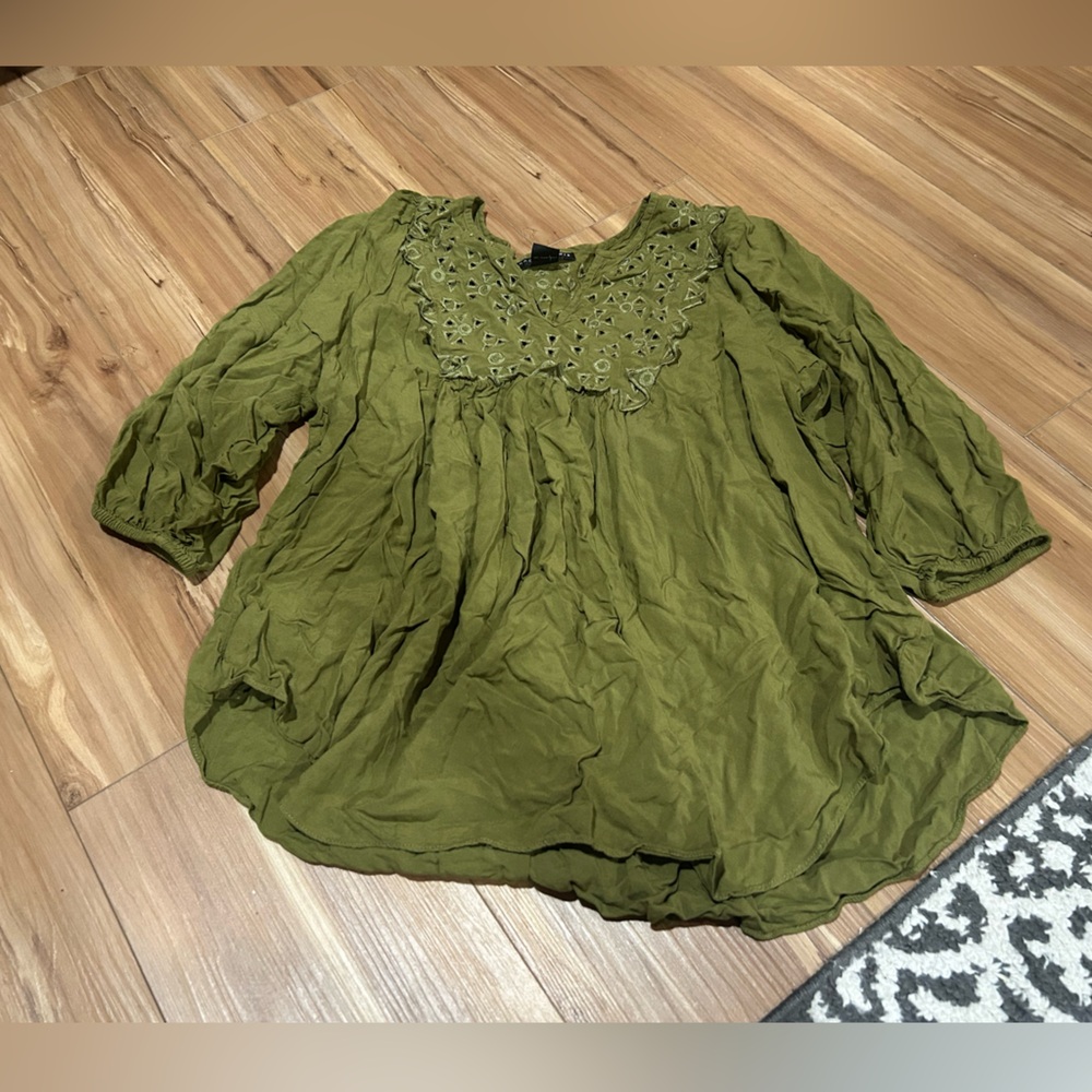 Grace Elements Olive Top with Detailed Embroidery Bohemian Blouse Size XL